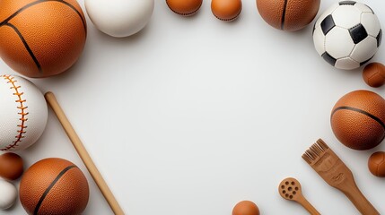 Colorful Sports Balls and Equipment Arranged in Border on White Background