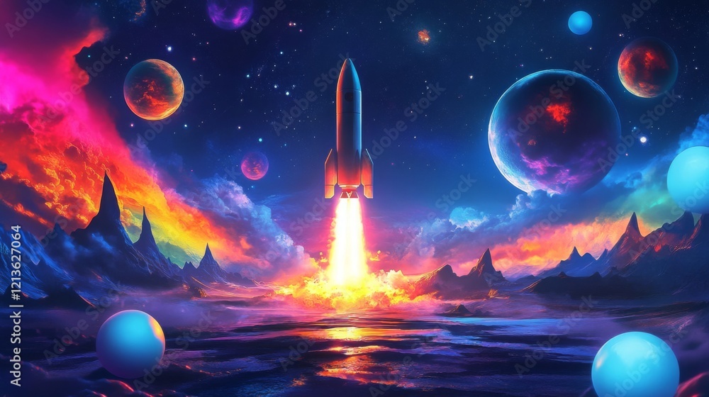 Poster a rocket ascends into a striking cosmic landscape, surrounded by vibrant planets and a colorful nebu