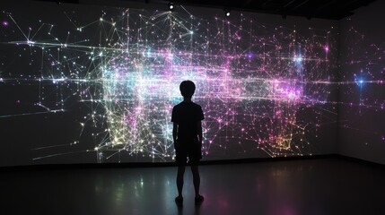 big data visualization system, bioluminescent connection points, gradient mesh network, floating data identifiers, profound dark environment, human gesture interface, advanced pattern recognition