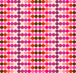 Colorful seamless pattern with hearts, circles, and dots in pink, yellow, and orange, perfect for retro-style decoration and design