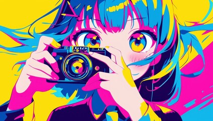 Obraz premium Vibrant Anime Girl Holding Vintage Camera Against Bright Colorful Background in Pop Art Style