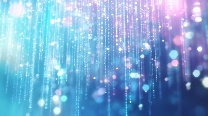 ethereal digital matrix pattern, cascading binary code streams, aqua blue cybernetic rain effect, floating bokeh particles, atmospheric depth layering, translucent data visualization, luminous