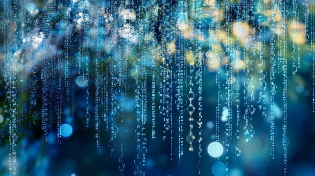ethereal digital matrix pattern, cascading binary code streams, aqua blue cybernetic rain effect, floating bokeh particles, atmospheric depth layering, translucent data visualization, luminous