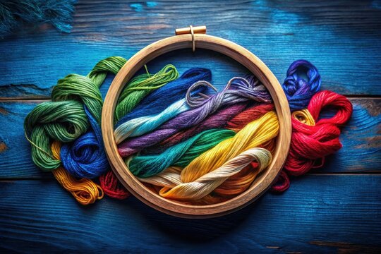 Blue-hued embroidery hoop showcases vintage-style mouline thread craft, a charming handmade detail.