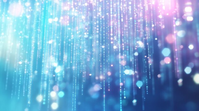 ethereal digital matrix pattern, cascading binary code streams, aqua blue cybernetic rain effect, floating bokeh particles, atmospheric depth layering, translucent data visualization, luminous