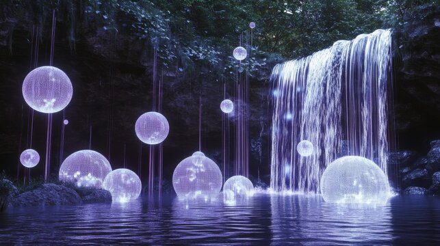 flowing digital waterfall effect, vertical binary sequences, azure technological atmosphere, floating light orbs, layered transparency design, advanced code visualization, serene cyber environment,