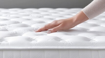 Woman's hand touches soft mattress, bedroom background. Use Bedding advertisement