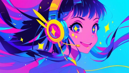 Obraz premium Colorful anime character with vibrant hair and playful expression wearing headphones immersed in a digital gaming environment surrounded by sparkles