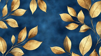 Design an elegant pattern featuring gold leaves on a royal blue fabric, creating luxurious and sophisticated designs for or home decor.