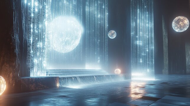 binary waterfall sequence, flowing data streams, azure technological atmosphere, drifting light spheres, professional matrix layout, translucent code elements, advanced digital visualization,