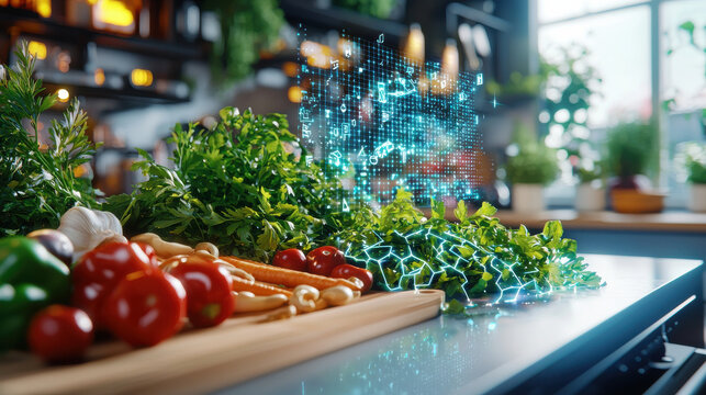 Fresh vegetables and herbs arranged on kitchen counter, with futuristic digital overlay showcasing vibrant ingredients and data visualization, creating innovative cooking atmosphere