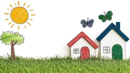 Charming Miniature Houses in a Childlike Drawing Landscape, Evoking Feelings of Home and Joyful Childhood Memories