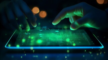 corporate technology showcase, elevated tablet presentation, neon green interface screen, cobalt blue ambient glow, professional hand expressions, modern meeting environment, premium device mockup,