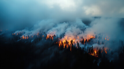 Obraz premium raging wildfire engulfs dense forest, with flames and smoke creating dramatic and intense scene under cloudy sky