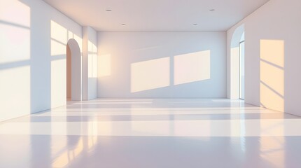 Fototapeta premium Serene White Room: Sunlight, Minimalist Architecture, and Tranquil Mood