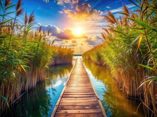 Calm lake, sunlit reeds, a rustic pathway winds through scenic natural beauty, captured candidly.