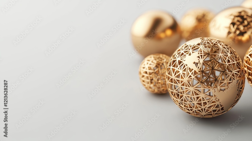Poster elegant golden spheres with intricate patterns, reflecting light, arranged on a smooth surface, crea