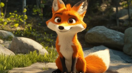 Fototapeta premium A cartoon fox with a bushy tail, sitting slyly with a mischievous grin and bright orange fur.