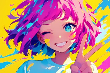 Naklejka premium Vibrant Animated Portrait of a Girl with Colorful Hair and Playful Expression against a Bright Yellow Background