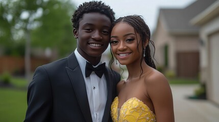 A White couple in a backyard outdoor evening setting with string lights, wearing a golden yellow prom dress with a sweetheart neckline, intricate lace embroidery, and  layers of tulle, creat