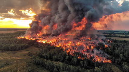 massive wildfire engulfs dense forest, with thick smoke billowing into sky, creating dramatic and intense scene