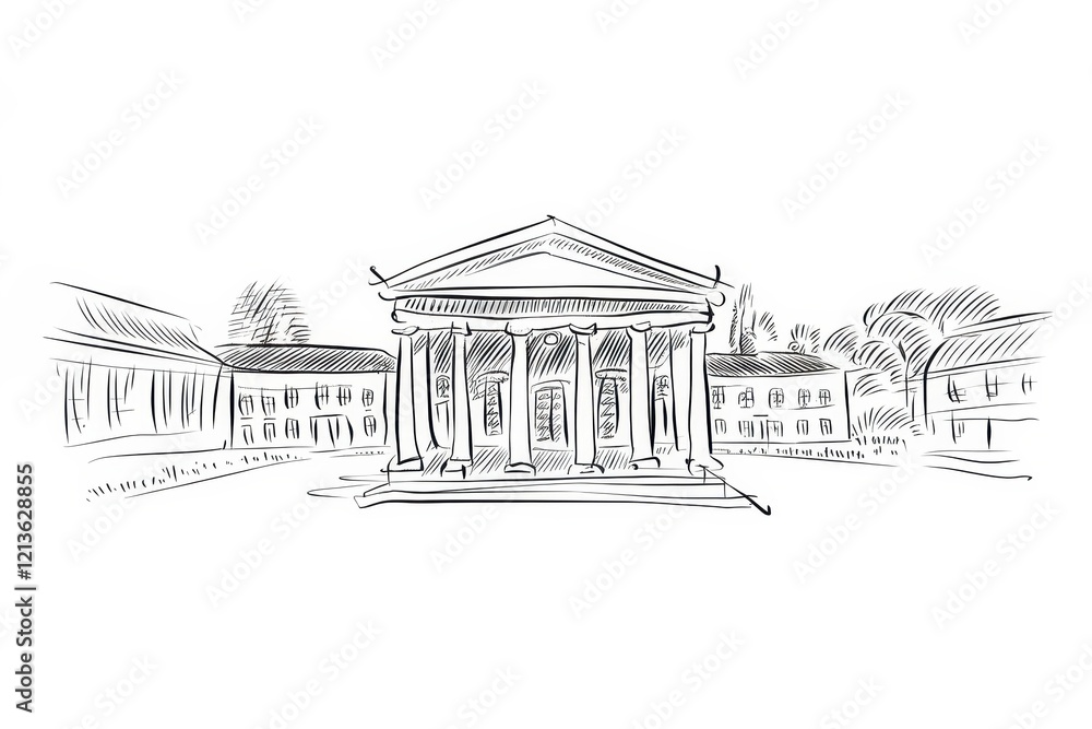 Poster classical building sketch surrounded by smaller structures