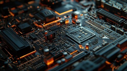 A close-up view of Bitcoin mining on a graphic card reveals intricate technology of mainboard, serving as a crucial backdrop for computer operations, showcasing abstract and complex nature of digital