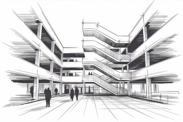 Obraz premium Architectural Sketch of a Modern Building with Staircases