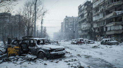 desolate post apocalyptic cityscape covered in snow, with abandoned, damaged cars and crumbling buildings under cold, overcast sky