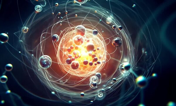 Part&iacute;culas en Movimiento en una escena din&aacute;mica y surrealista de fen&oacute;meno microsc&oacute;pico o c&oacute;smico. En el centro, un n&uacute;cleo radiante de tonos anaranjados y amarillos 