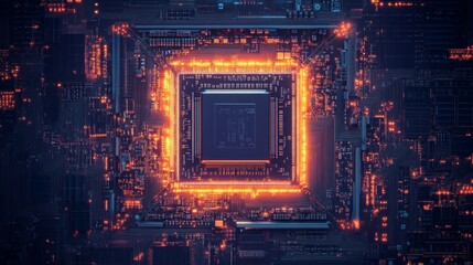 Obraz premium modern microchip concept, illuminated processing center, detailed circuit board pathways, cobalt energy signature, advanced computational design, geometric data architecture, premium tech