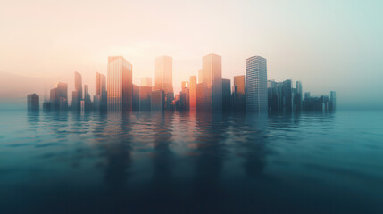 Fototapeta premium surreal cityscape with skyscrapers partially submerged in water, symbolizing rising sea levels and climate change under hazy, warm toned sky