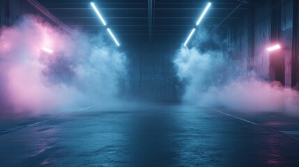 Fototapeta premium A dark, empty street with neon lights and spotlights creates an abstract background, with smoke floating up from concrete floor and studio room, providing a textured setting for product displays