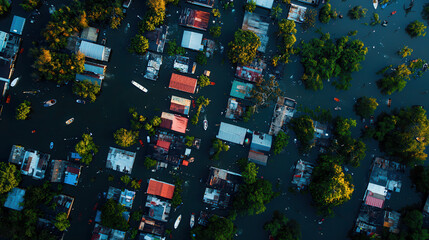 aerial view of flooded city with submerged houses, trees, and boats scattered amidst water