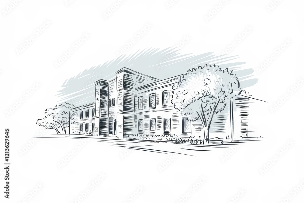 Poster sketch of a multistory building with trees