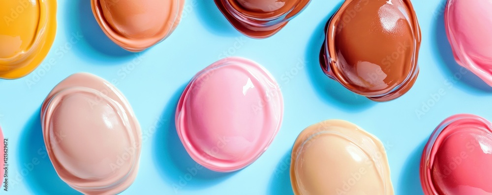 Poster colorful array of vibrant round paint droplets on a smooth surface showcasing various shades and tex