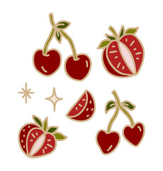 Vintage romantic hand drawn strawberry and cherry line art illustration elements