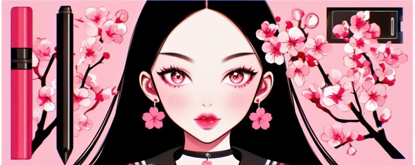 Fototapeta premium Aesthetic illustration of a stylized girl with cherry blossoms, makeup products, and accessories featuring a soft pink background and delicate floral motifs