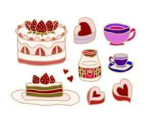 Vintage romantic hand drawn strawberry cake, love, sweet jam, tea cups, coffee line art illustration elements