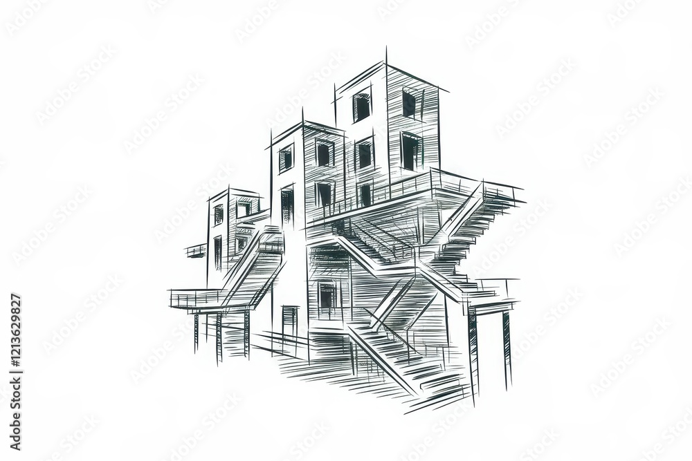 Poster sketch of a building with intricate staircases and platforms