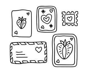 Vintage romantic hand drawn strawberry tarot card, gift, love letters, stamps, line art illustration elements