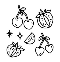 Vintage romantic hand drawn strawberry and cherry line art illustration elements