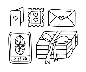 Vintage romantic hand drawn strawberry tarot card, gift box, love letters, stamps, line art illustration elements