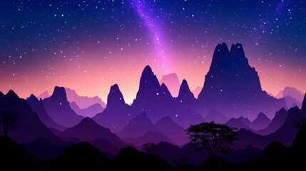 Starry night sky over purple mountains