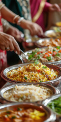 Obraz premium Indian Cuisine Buffet with Diverse Dishes and Aromatic Biryani