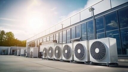 Industrial rooftop hvac units commercial building exterior air conditioning equipment urban environment wide angle view efficiency concept
