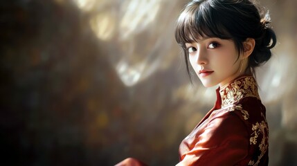 Fototapeta premium Elegant young woman dressed in traditional attire gazing thoughtfully with serene expression illuminated by soft golden light in a dreamy atmosphere