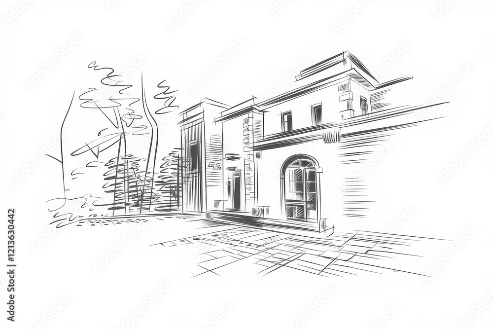 Poster sketch of a building with trees and a paved area
