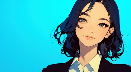 Stylish Young Woman with Short Dark Hair, Wearing a Suit Against a Bright Blue Background, Representing Confidence and Professionalism in Modern Workplace