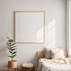A bedroom with a bed and a plant in a basket.
